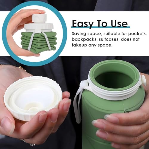 Image of SILENCIO Silicone Water Bottle 600 ml | Foldable Leak Proof Travel Bottle | BPA Free Reusable Drinking Bottle for Gym, Trekking, Camping & Outdoor Use (GREEN)