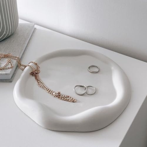 Image of Aesthetic Handmade Round Cloud Trinket Tray Handmade | Jewelry Organizer | Vanity Tray for Women | Minimalist Home Decor, Candle Holder & Multipurpose - 19 x 19 cm