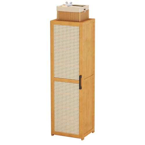 Zapatero vertical de bambú con puerta, delgado, alto y estrecho, gabinete de almacenamiento de zapatos para espacios pequeños, soporte de zapatos de esquina para ahorrar espacio (30 x 33 x 129 cm)