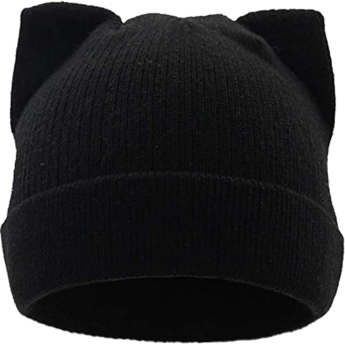 B&C.Room Cat Ears Hats Warm Wool Cable Knit Beanie Winter Caps for Women Girls in Fall Winter Black