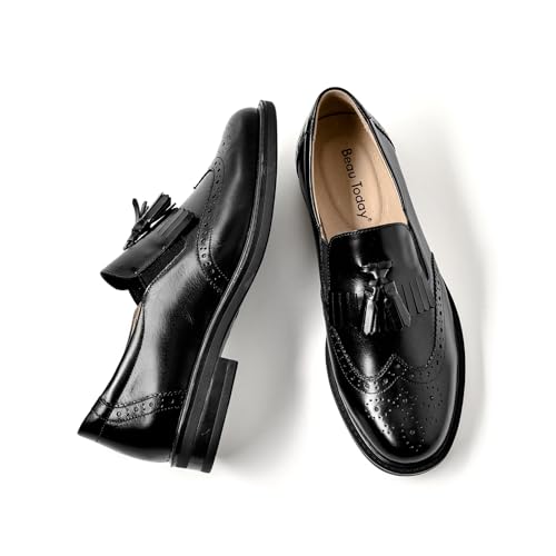 Image of BEAU TODAY Tassel Loafers for Women,Leather Brogue Dress Shoes,Wingtips Oxford for Women,Breathable Comfortable Slip-on Lace-up Handmade Flat Shoes for Business Work