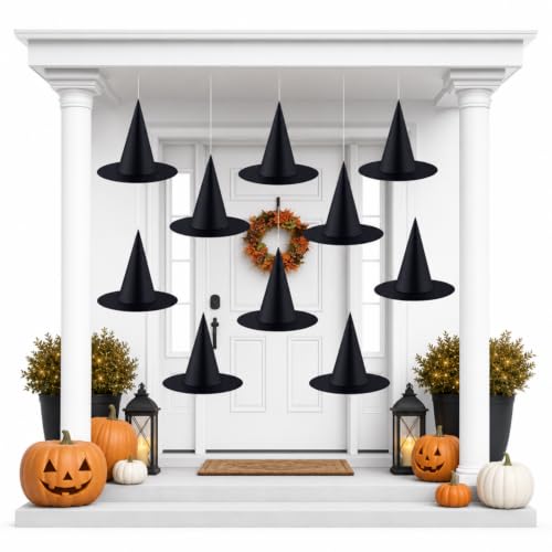 Gejoy 10 Pcs Halloween Witch Hats Black Hanging Witch Hat Porch Yard Decor - image 1