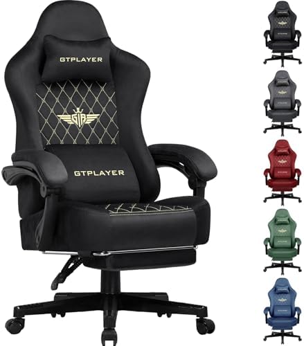 GTPLAYER fabric gaming chair with high-back ergonomic design, adjustable lumbar support, and retractable footrest
