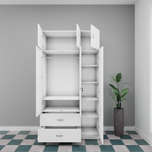 Image of VIKI Wardrobe | Wooden Almirah for Clothes,Door for Bedroom, 3 Door Loft Wardrobe with Drawer & Hanging Space (Frosty White - 40D x 120W x 220H) | 1 Year Warranty | Free Assembly