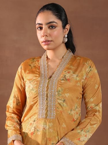 Image of Libas Womens Printed Silk Blend Straight Kurta With Palazzos and Dupatta | daily wear suit