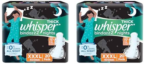 Image of Whisper Bindazzz Night Sanitary Pads|20 Thick Pads|XXXL|upto 0% Leaks|Suitable for Heavy Flow|75% Longer & Wider back|Comfortable Cushiony soft wings|40 cm Long|With disposable wrap (Pack of 2)