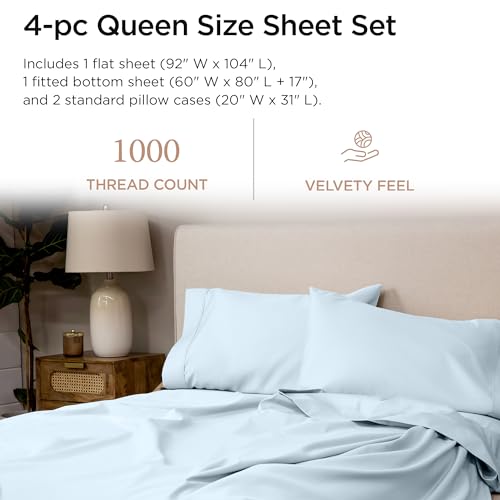 Threadmill Supima Cotton Queen Sheet Set, 1000 Thread Count Queen Sheets for Queen Mattresses, 4 Piece American Luxury Bed Sheets, Sateen Hotel Quality Sheets with Elasticized Deep Pocket, Light Blue