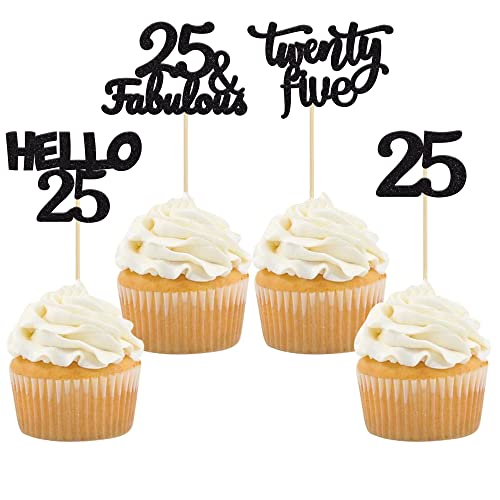 Gyufise 24Pcs Black Glitter 25th Birthday Cupcake Toppers 25 Fabulous Cupcake Picks Hello 25 Twenty Five Cupcake Picks for 25th Birthday Cake Decorations Supplies