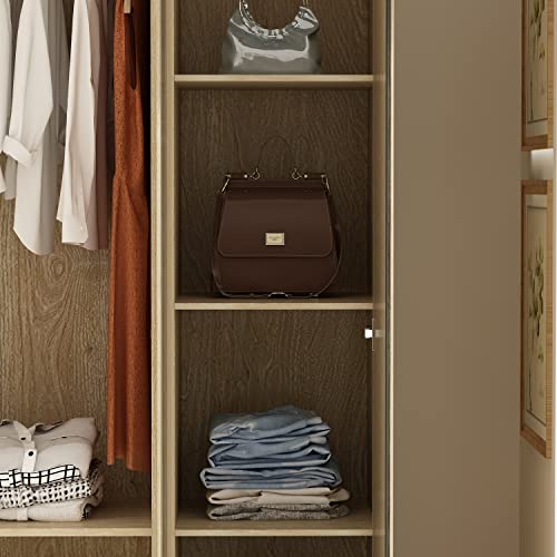 Homsee Wardrobe Armoire With Mirror, 3 Doors, Hanging Rod & 6 Storage Compartments, Wooden Closet Storage Cabinet With Metal Legs For Bedroom, Brown (47.2”L X 18.9”W X 74.8”H) #TOP5