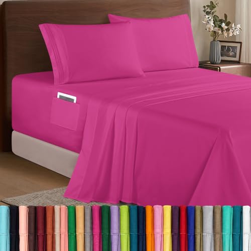 Image of Elegant Comfort Luxury 1500 Premium Hotel Quality Microfiber 4-Piece Sheet Set - Soft, All Around Elastic 18-24 Inches Deep Fitted Sheet - Extra Deep Pocket Sheets, California King, Hot Pink
