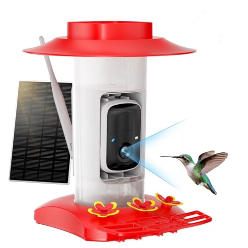 Hummingbird Feeder with Camera for Outdoors, 2K Solar Powered Smart Bird Feeder with Ant Moat & Bee Guard, Auto Capture, AI Recognition, Gift for Family & Friends(21 oz) (Red)