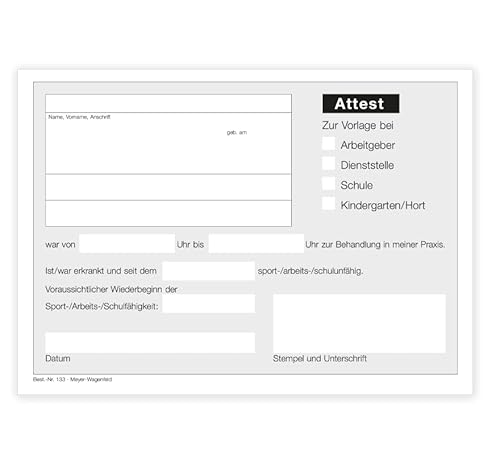 Multi-Attest/Attest Block | 1 Block | von MEYER-WAGENFELD: Agentur & Druckerei für Ärzte | DIN A6 Format | zu je 100 Blatt geblockt Cover