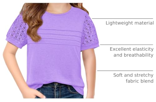 Image of Haloumoning Girls Short Sleeve T Shirts Kids Summer Lace Crewneck Tops Fashion Pleated Tees 5-14 Years