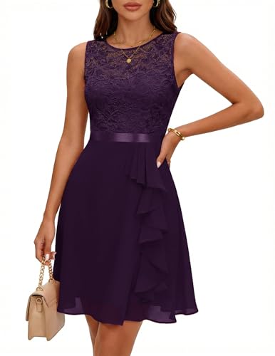 Image of BeryLove Womens Boat Neck A Line Sleeveless Lace Formal Homecoming Dress | Short Dress With Ruffle Hem, Sparkly Design Ideal For Wedding Guest,Bridesmaid Cocktail Prom & Evening Party Events