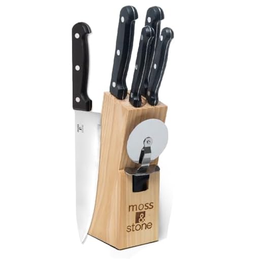 Moss & Stone Stainless Steel Serrated Small Knife Set, Kitchen knives Set With High-Carbon Stainless Steel Blades & Wood Block Set, Cutlery Knife Set Small, Basics 7 Piece Kitchen Knifes