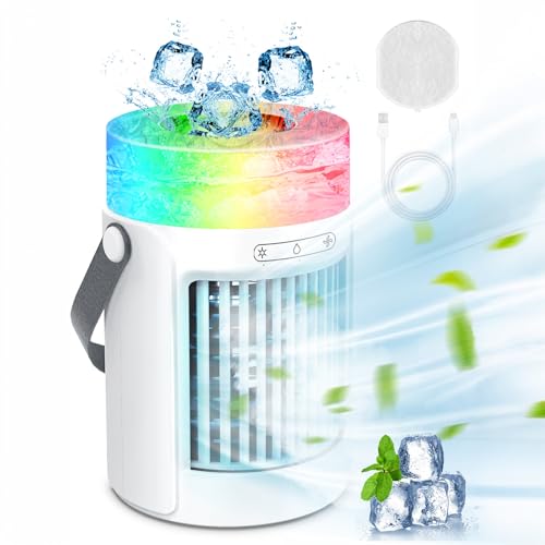 Mini Portable Air Conditioners Humidifier with 3 Speeds & 7 Colors Light, Quite Portable Fan with 650ML Tank, Portable AC Evaporative Air Conditioner Portable for Room, Office, Outdoor & More