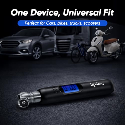 Image of Lifelong Tyre Pressure Gauge | Backlit LCD | Zinc Alloy Head | 0-150 PSI | Portable Tyre Pressure Monitoring for Car, Bike, Motorcycle & Truck Tyres | Black