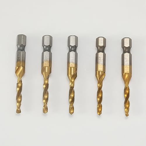 szgate 5PCS Titanium Combination Drill Tap Bit Set Screw Tapping Hex Shank HSS Metric/Imperial Plug Bits Hand Tools (Titanium 8-32NC)