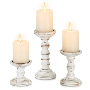 Romadedi Wood Candle Holders for Pillar Candles – Set of 3 Tall Farmhouse Wooden Candlestick Holder, Rustic Candle Stand for Fireplace Mantle Shelf Table Home Decor, Brown Whitewashed 3.9″/6″/ 8.3″