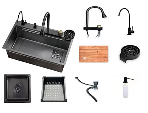 Image of X-XONIER 304 Single Bowl Kitchen Sink Stainless Steel Multipurpose Multifunction 3 Mode Tap with Pulldown Feature Soap Dispenser Glass Washer Black