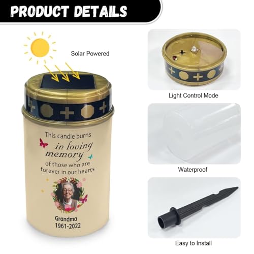 Image of Personalized Photo Solar Grave Lights for Cemetery Solar Power Outdoor Flameless Candle Waterproof LED Candles Lantern Gravesite Decorations Memorial Solar Lights