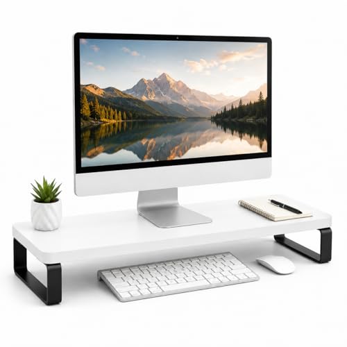 Image of Decorlay Engineered Wood Monitor Stand Riser for Desktop Computer & Laptop | Heavy Duty Metal Frame | Ergonomic Screen Elevation Shelf | Space Saving Desk Organizer with Keyboard Storage | White
