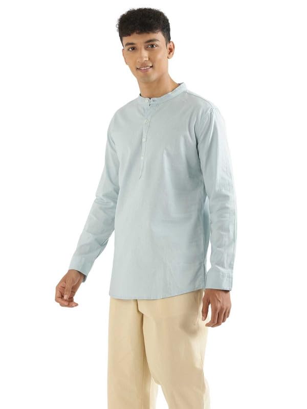 Image of SAADAA Men's Short Kurta - Linen Cotton Blend, Airy Fabric, Regular Fit, Mandarin Collar, Solid Color - Casual, Festive & Ethnic Wear
