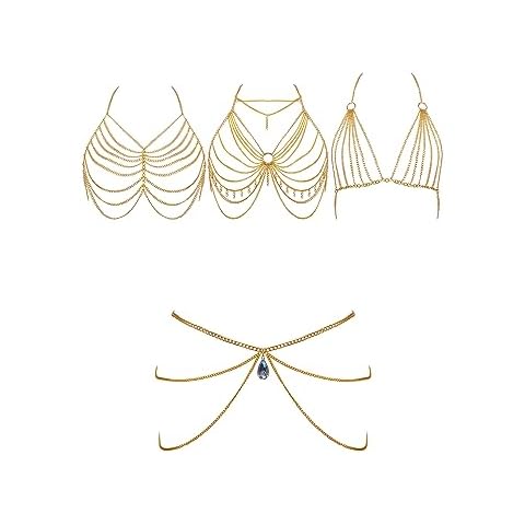 Connie Cloris Womens Sexy Body Chains Suit Two Piece Bikini Beach Body Jewelry (019-Gold) Cover