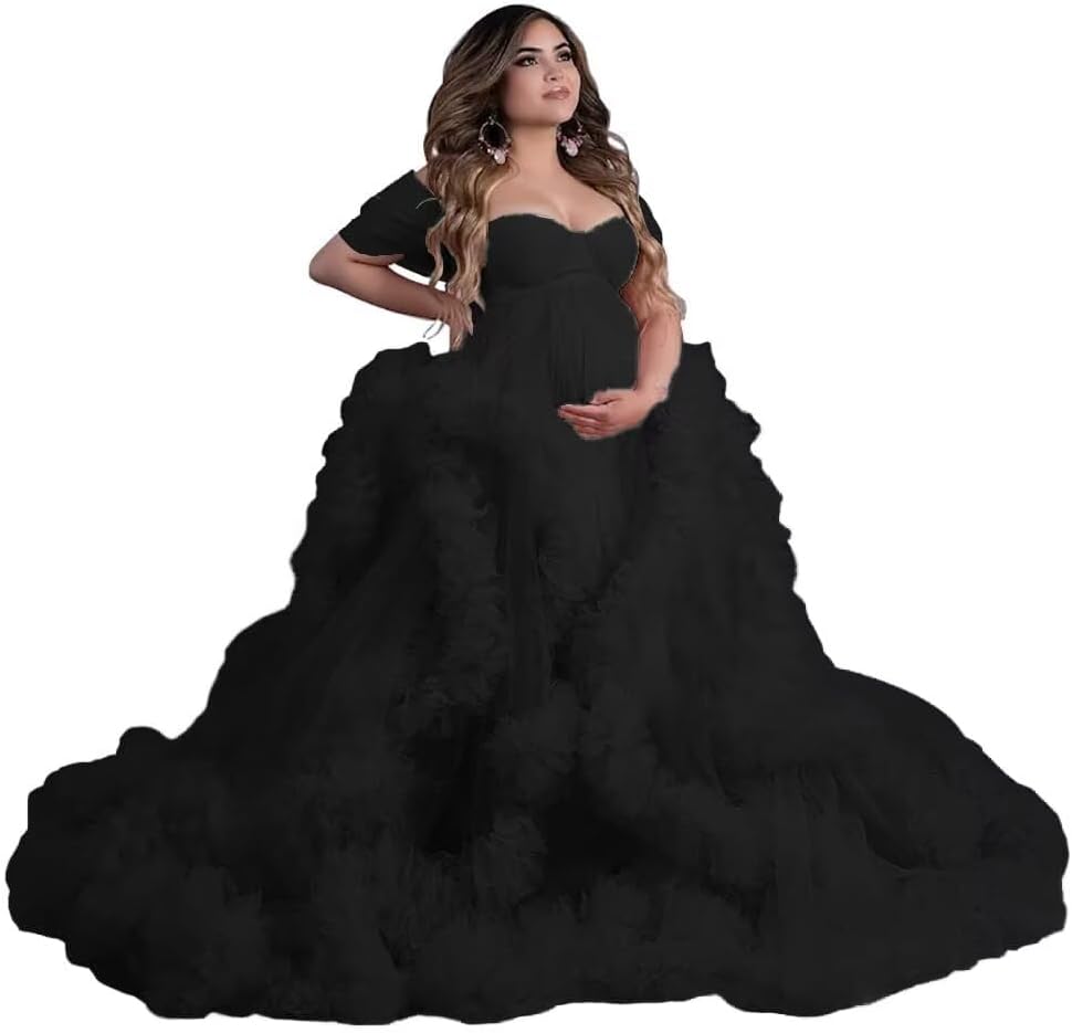 Off Shoulder Tulle Maternity Dresses for Photoshoot Puffy Ruffles Bathgown Long Bridal Robe Baby Shower Dress