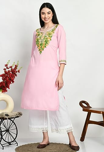 Image of QAZMI Women's Rayon Cotton Keyhole Neck Three-Quarter Sleeves Kashmiri Embroidered Straight Kurta