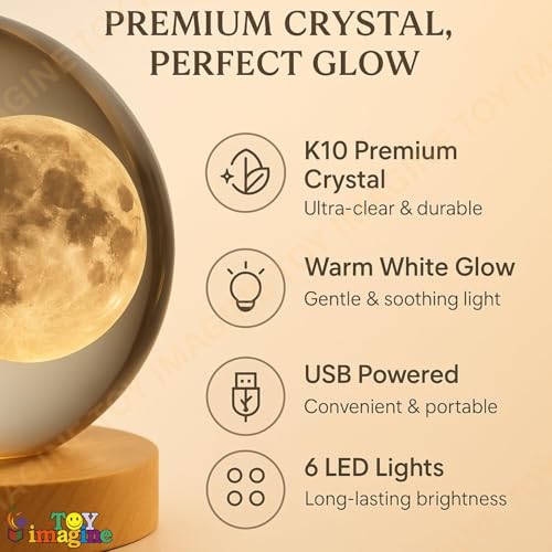 Image of 3D Moon Crystal Ball Night Lamp with Wooden Base, USB Warm White LED Lights