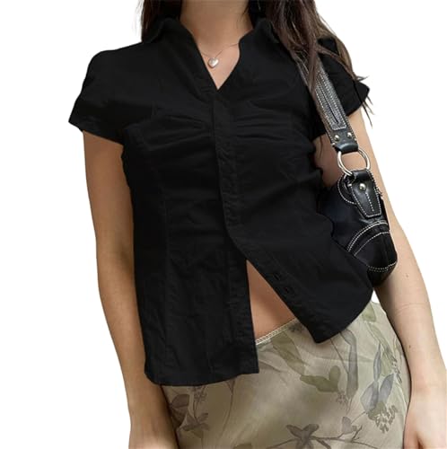 Image of Y2k Girls Vintage Coquette Button Down Shirt Women Short Sleeve V-Neck Slim Fitted T-Shirt Cute Blouse Crop Top