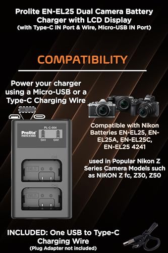 Prolite-Dual-LCD-Charger-for-Nikon-EN-EL25-Camera-Li-ion-Battery-Comes-with-Type-C-Micro-USB-Port-Type-C-Wire