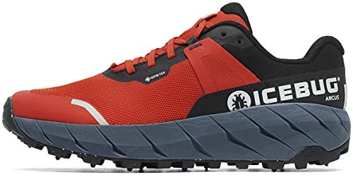 Icebug Mens Arcus BUGrip GTX Trail Running Shoe with Carbide Studded Traction Sole, Midnight/Red, 8.5