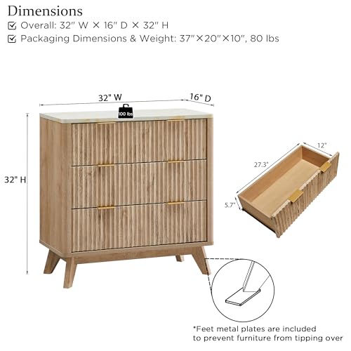 T4TREAM 32" Tall Fluted Nightstand Set of 2, Modern Side Table with Faux Marble Top, 3 Drawers End Table w/Storage, Bedside Table for Bedroom, Living Room, Curved Profile Design, Natural Oak