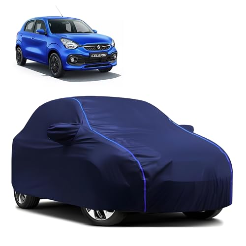 Image of Kerwa Car Body Cover Waterproof Compatible with Maruti Suzuki Celerio | Scratch Proof, Anti-Dust, UV Protection | Windproof Buckle Strap | Fitted Bottom Elastic | Side Mirror Pockets-Blue