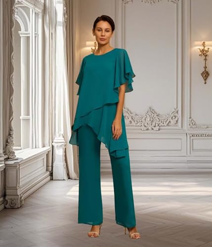 2 Pieces Mother of The Bride Pant Suits for Women Dressy Chiffon Sets Ruffle Layers Formal Wedding Guest Outfit3