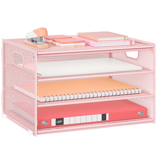 Marbrasse Organiseur de Bureau,4 Niveaux Corbeilles à Courrier en Filet avec Poignée,Porte-Revues,Support de Rangement pour Papier,Organisateur Classement...