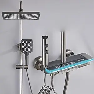 Brass Thermostatic Shower Panel Full Set for Bathroom/Shower System 4 function Shower Temperature Display Mixer Hot & Cold Shower system, Hand shower | overhead Shower | Jet Spray (Gun Grey)