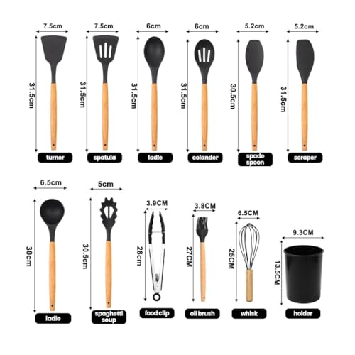 Kitchen Utensil Set, 12 PCS Silicone Cooking Utensils Set with Wooden Handle, Heat Resistant, Nonstick Cookware Tongs Spatula Spoon Set, Dishwasher Safe, Best Kitchen Tools (Black) - Image 3