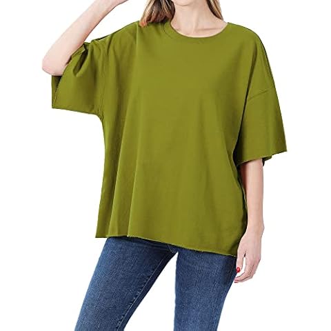 DAY VILLAGE Women's French Terry Drop Shoulder Raw Edge Oversized Short Sleeve T-shirt Top Olive Mustard L Cover