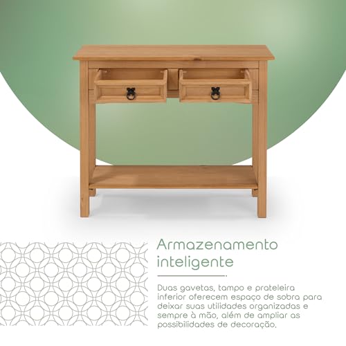 Image of Solid Wood Console Table with 2 Drawers and Lower Shelf - Classic Rustic Entryway Accent Table for Living Room and Hallway - Pine Wax