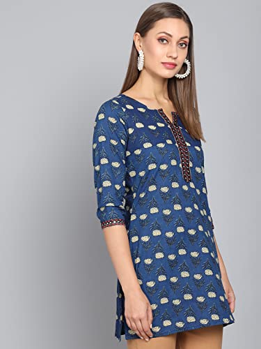Image of Rapsodia Womens Cotton Navy Blue Floral Printed Short Kurti with Embroiderey