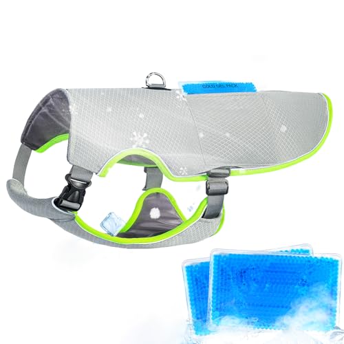 Mora Pets Dog Cooling Vest with Ice Packs Reflective Adjustable Cooling Vest for Dogs with Leash Ring for Hot Weather Cooling Harness for Large Medium Dogs Grey(PDV-Gel-GXL)