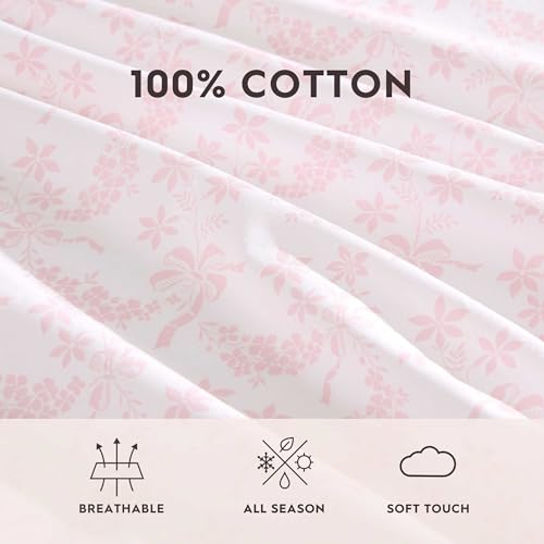 Image of Laura Ashley - Full Size Sheet Set, Crisp & Lightweight Cotton Percale Bedding with Fitted Sheet and Pillowcases, Floral Room Decor, Deep Pocket, College Dorm Room Essentials (Antoinette Pink)