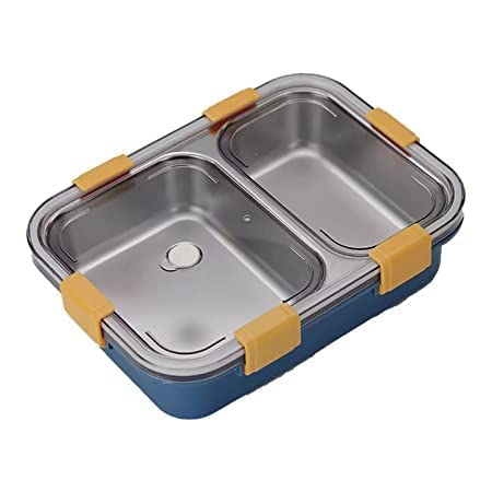Image of HYLOL Stainless Steel Lunch Box with 2 Compartment Leakproof Bento Tiffin Box for Kids & Adults Airtight Food Storage Container with Spoon Fork & Lock Clips for Office School Travel (Blue)