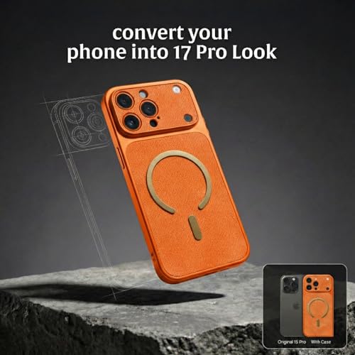 Image of amazon basics Converter Case for iPhone 15 Pro | Premium Protective Mag-Safe Cover | iPhone 17 Pro Series Style Design | in Built Camera Guard | Wireless Charging Compatible - Orange