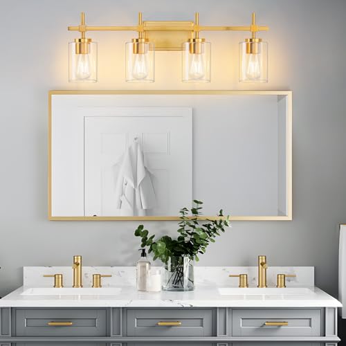 Image of Bathroom Vanity Lights, Gold 4 Lights, E26 Socket with Clear Glass Shade, Modern & Vintage Style Vanity Light for Bathroom, Powder Room, Dressing Room