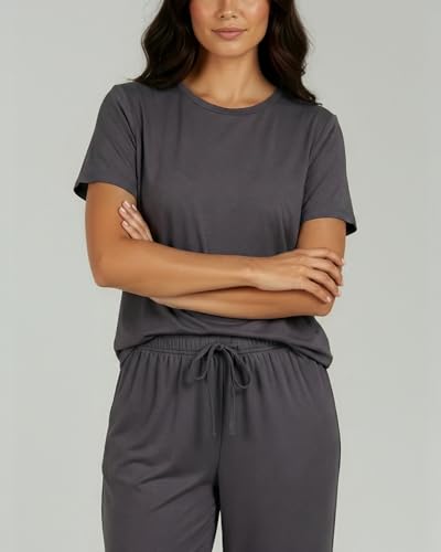Image of Real Essentials 2 Pack: Womens Pajamas Short Sleeve Sleepwear Tops and Capri Pants Pjs Print Pajama Sets (Available In Plus)