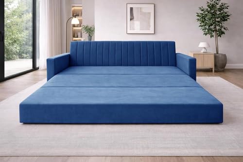Image of Rosebell 3 Seater Foldable Sofa-Cums-Bed | Three-in-1 Convertible Couch with Armrest | Modern Fabric Sofa for Living Room, Bedroom & Office-Blue